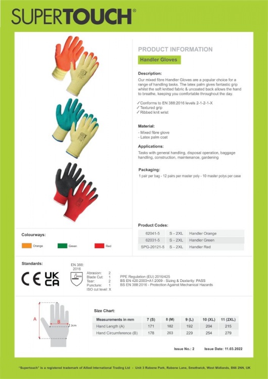 X Handler Glove Mixed Fibre Shell With Green Latex Palm Coat