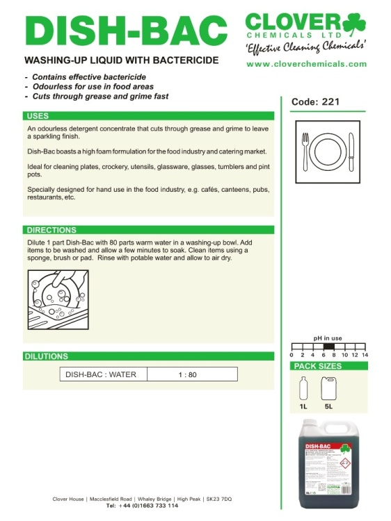 Clover Chemicals Dish-Bac Concentrated Liquid Detergent (221)