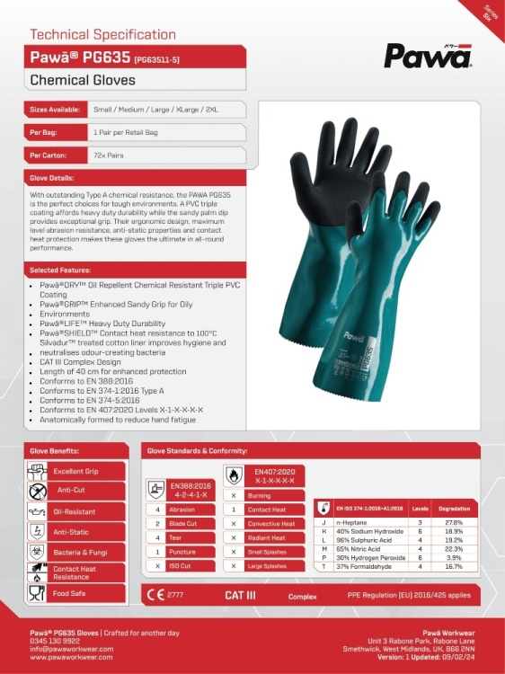 Pawa PG635 Type A Chemical Resistant Heavy-Duty Gauntlet 40 cm