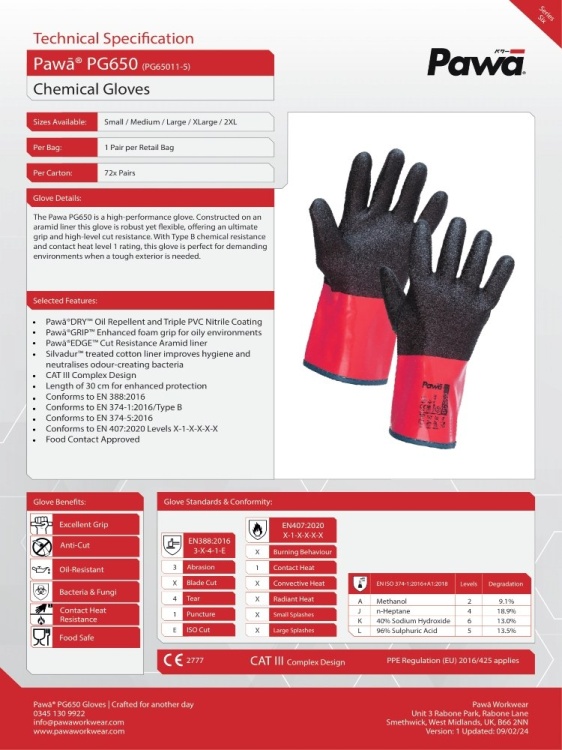 Pawa PG650 Type B Chemical and Cut Resistant Gauntlet